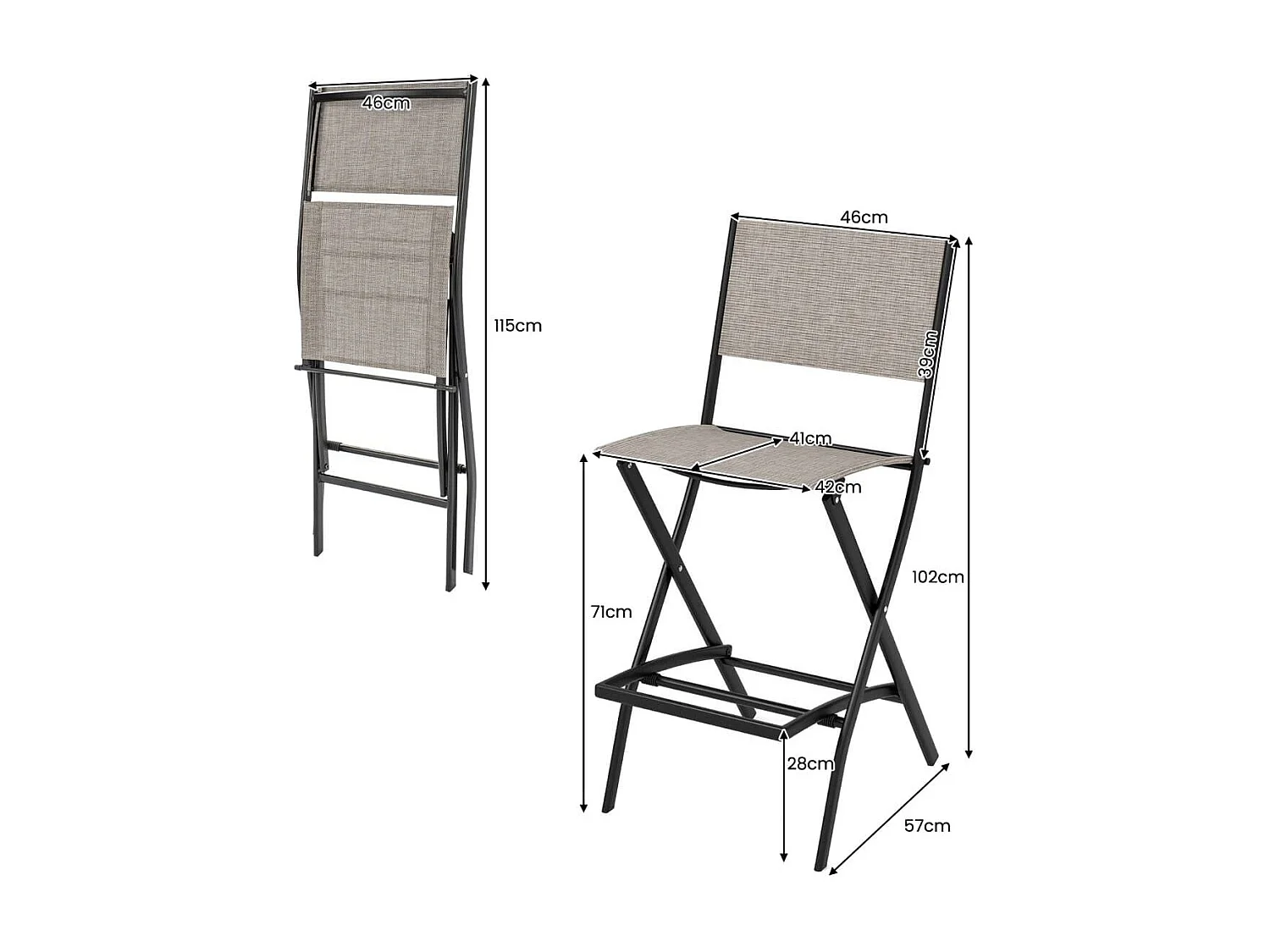 2er Set Klappbarer Barhocker in Thekenhöhe mit Rückenlehne & Atmungsaktivem Stoff Kaffee