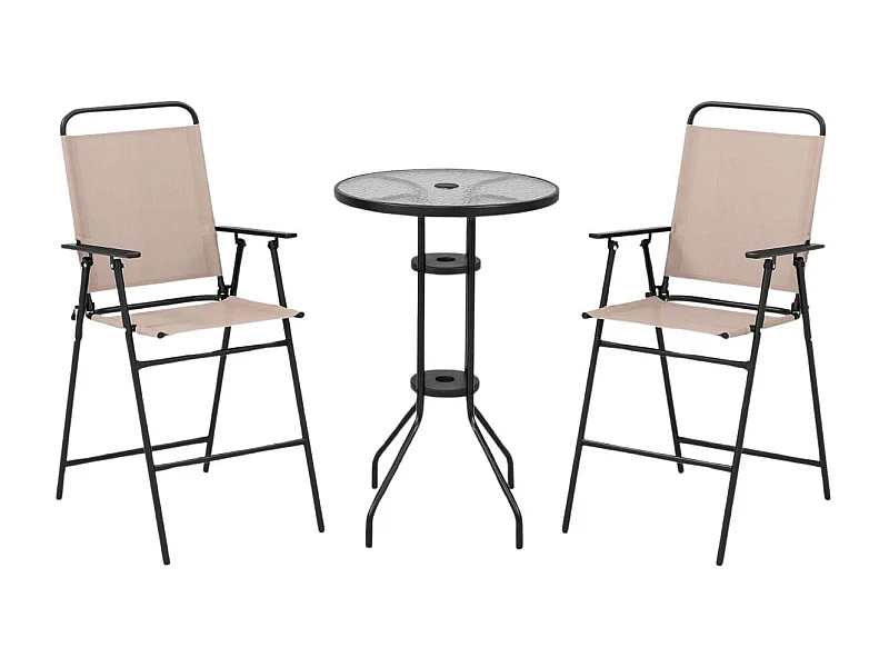 3 tlg. Outdoor-Bistro-Set Terrassen-Bartisch mit 2 Klappbaren Stühlen & Sonnenschirmloch Beige