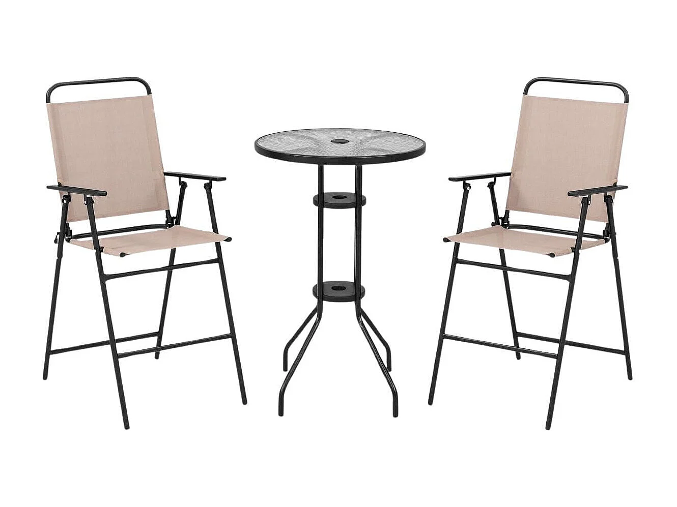 3 tlg. Outdoor-Bistro-Set Terrassen-Bartisch mit 2 Klappbaren Stühlen & Sonnenschirmloch Beige