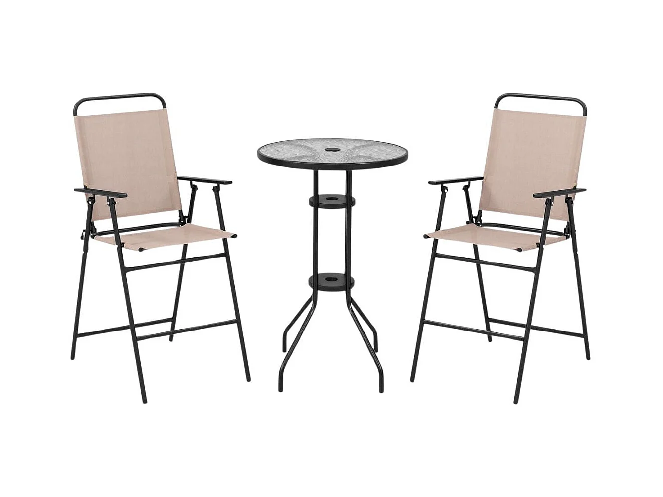 3 tlg. Outdoor-Bistro-Set Terrassen-Bartisch mit 2 Klappbaren Stühlen & Sonnenschirmloch Beige