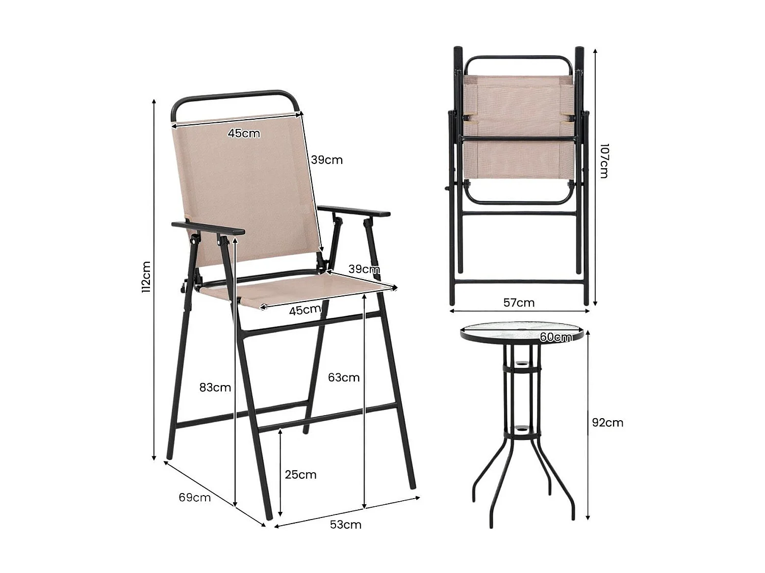 3 tlg. Outdoor-Bistro-Set Terrassen-Bartisch mit 2 Klappbaren Stühlen & Sonnenschirmloch Beige