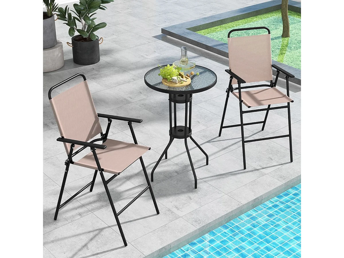 3 tlg. Outdoor-Bistro-Set Terrassen-Bartisch mit 2 Klappbaren Stühlen & Sonnenschirmloch Beige