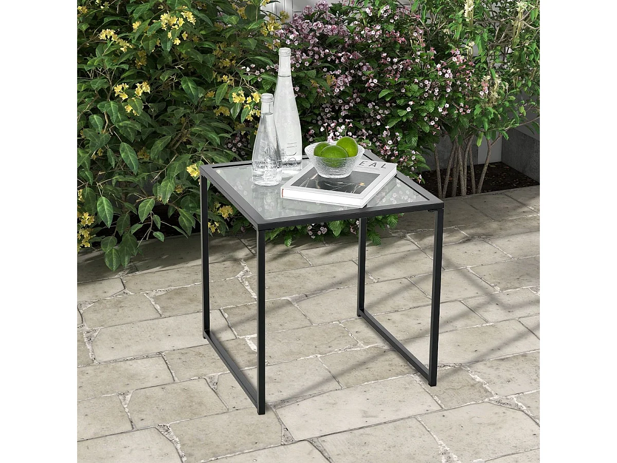 Beistelltisch Kleiner Gartentisch Balkontisch mit Tischplatte aus gehärtetem Glas 43 x 43 x 45 cm Schwarz