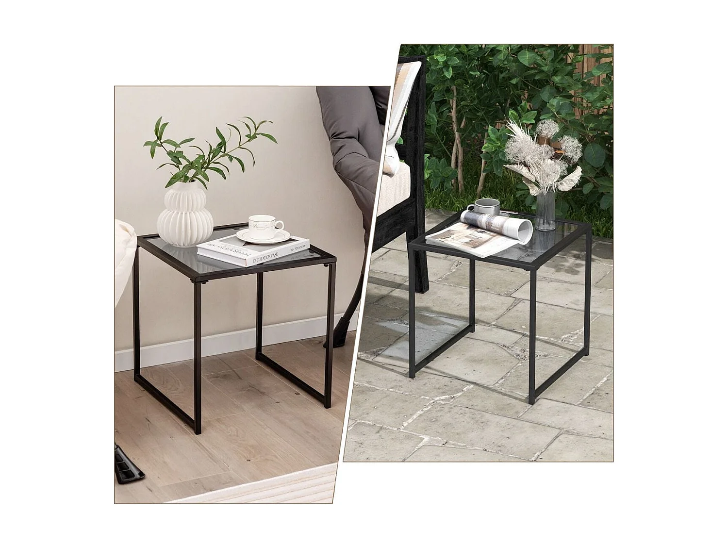 Beistelltisch Kleiner Gartentisch Balkontisch mit Tischplatte aus gehärtetem Glas 43 x 43 x 45 cm Schwarz