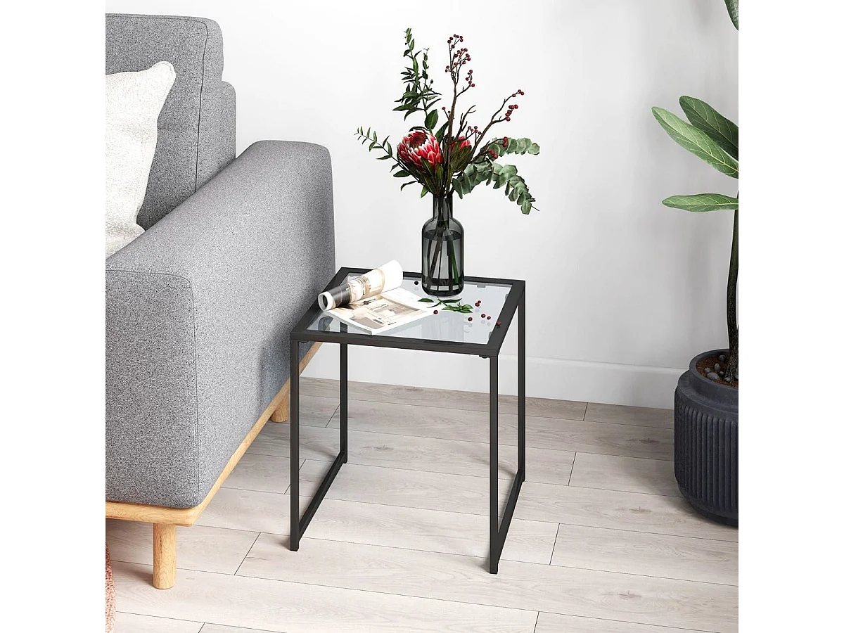 Beistelltisch Kleiner Gartentisch Balkontisch mit Tischplatte aus gehärtetem Glas 43 x 43 x 45 cm Schwarz