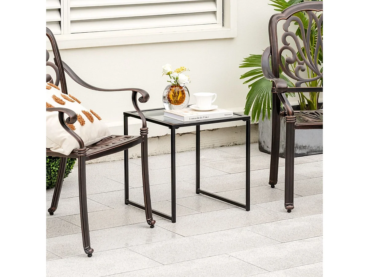 Beistelltisch Kleiner Gartentisch Balkontisch mit Tischplatte aus gehärtetem Glas 43 x 43 x 45 cm Schwarz