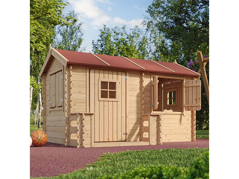 Houten huis voor kinderen met vloer en rood dak - 2.63m² - M503
