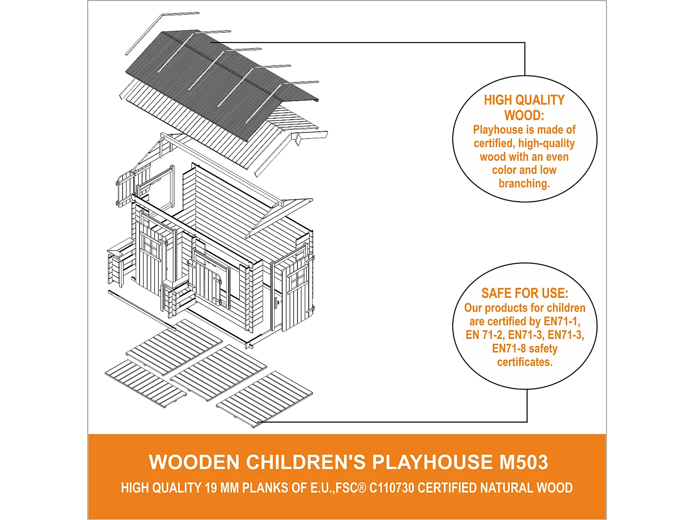 Houten huis voor kinderen met vloer en rood dak - 2.63m² - M503