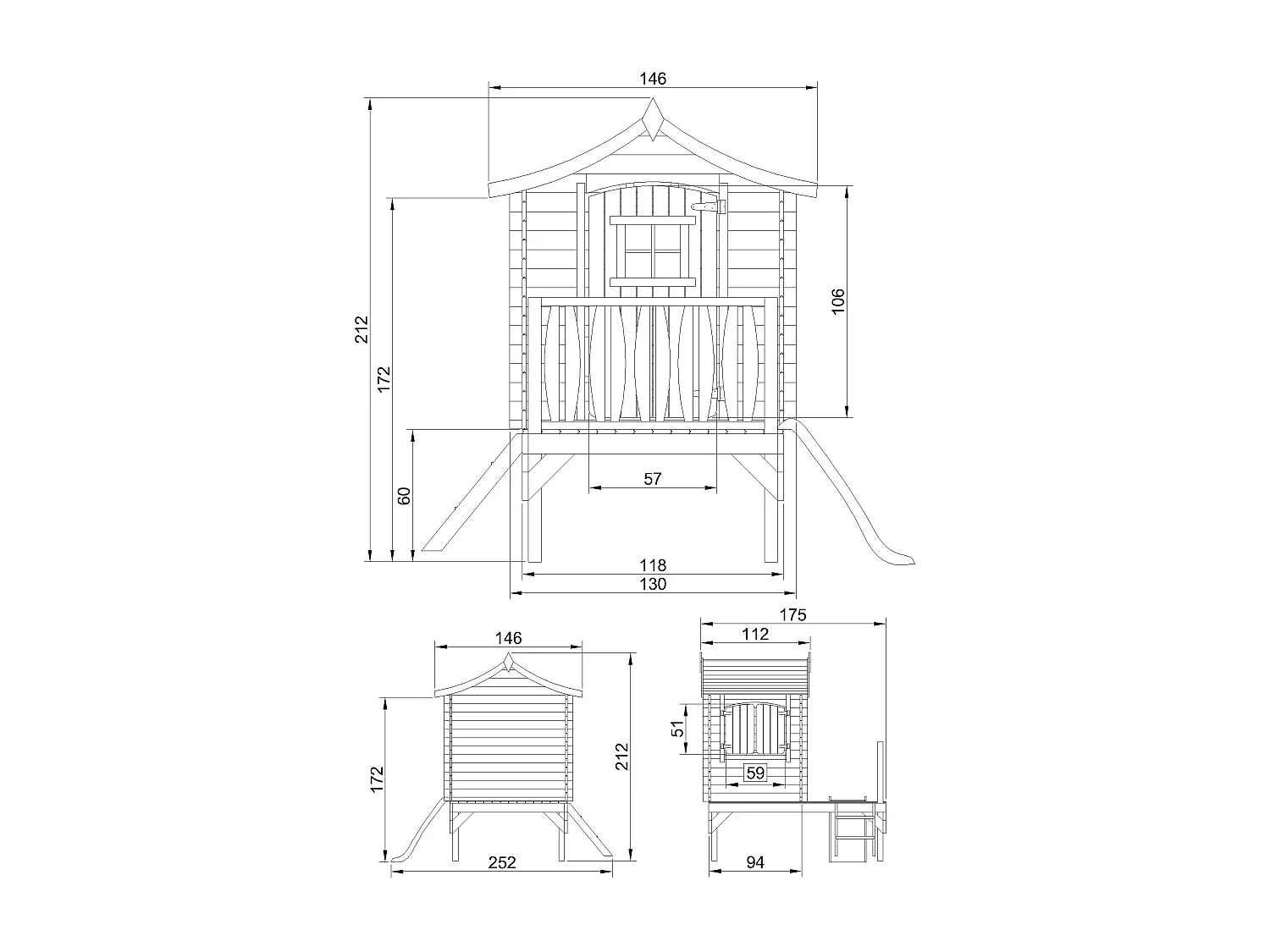 Stelzenhaus mit rutsche aus holz - B112xL146xH212 cm / 1.1m² - M550A