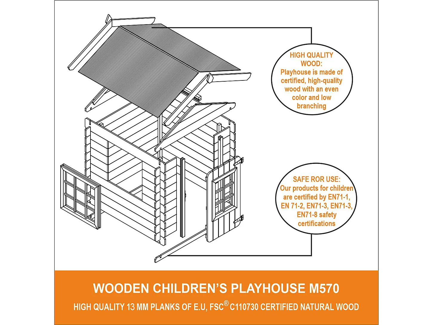 Timbela M570M-1 Maison en bois pour enfants -Toit bleu- 111x114xH121cm/0.9 m2