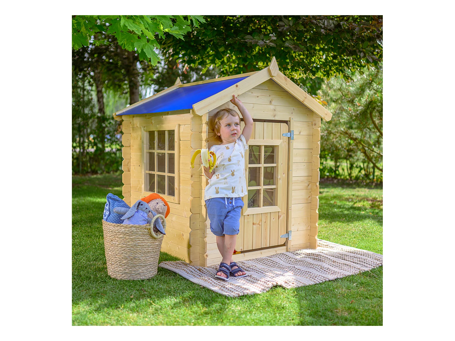 Timbela M570M-1 Maison en bois pour enfants -Toit bleu- 111x114xH121cm/0.9 m2