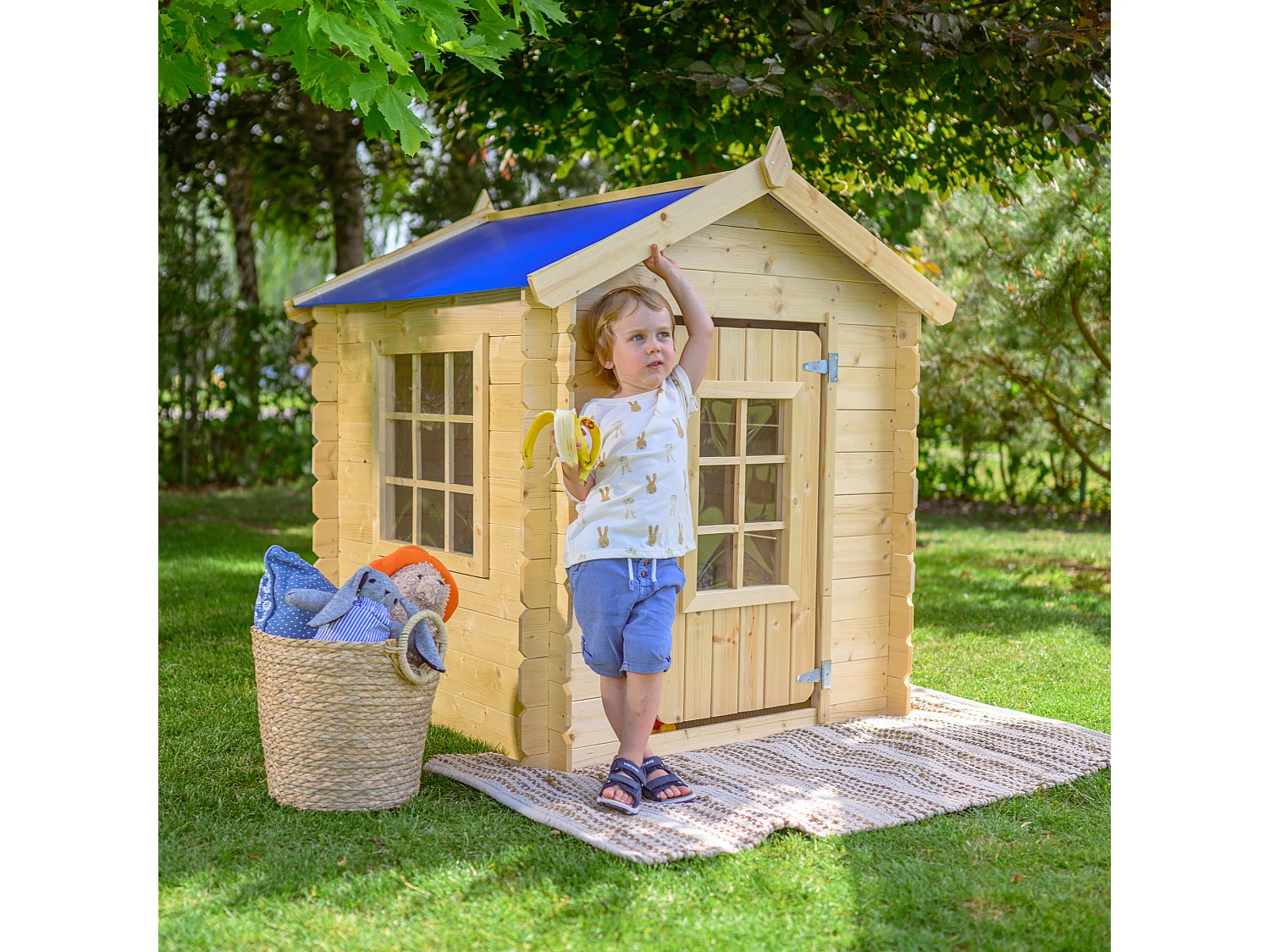 Houten kinderhuis zonder vloer - Blauw dak - 1m² / 114x111xH121 cm - M570M-1