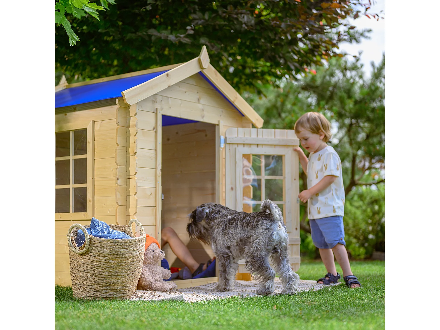 Houten kinderhuis zonder vloer - Blauw dak - 1m² / 114x111xH121 cm - M570M-1
