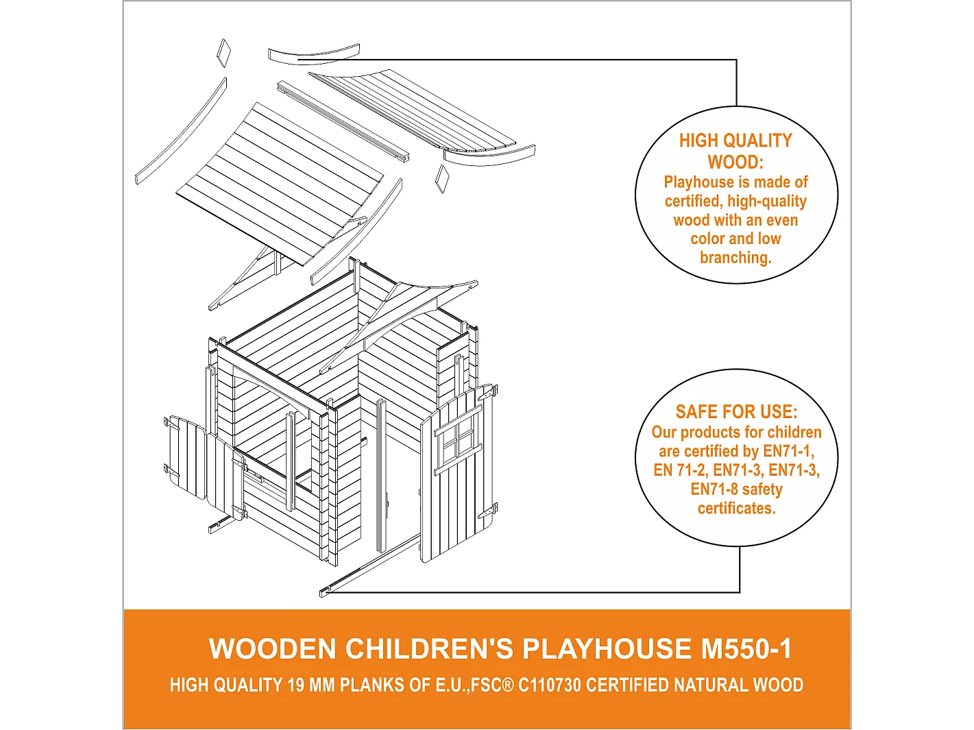 Houten huis voor kinderen zonder vloer - 1.1m² / 146x112xH152 cm - M550-1