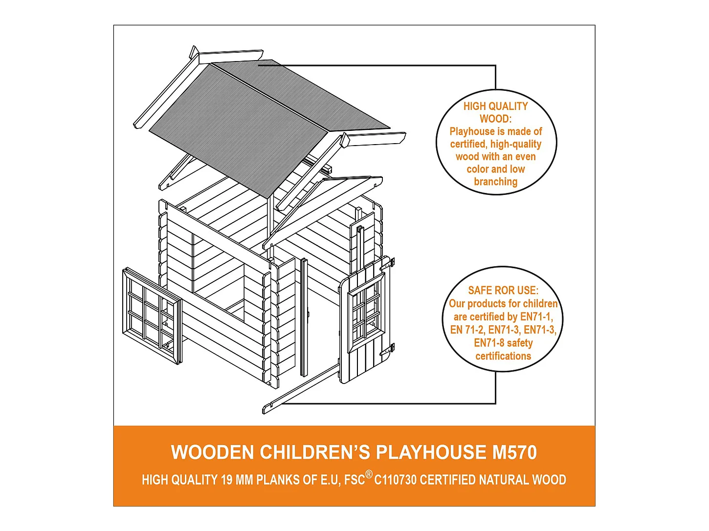 TIMBELA M570R-1 Casa de madera para niños - 111 x 114x A121 cm (Tetto-colore rosso)