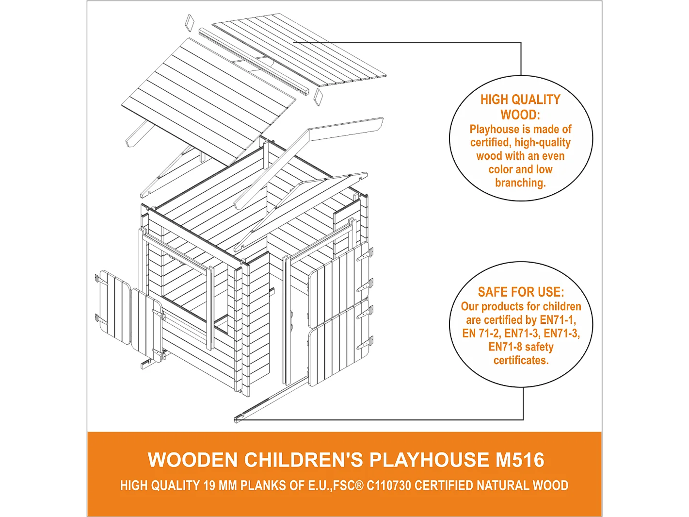 Maison en bois pour enfants sans plancher - 112x146xH143cm/1.1m2 - M516-1