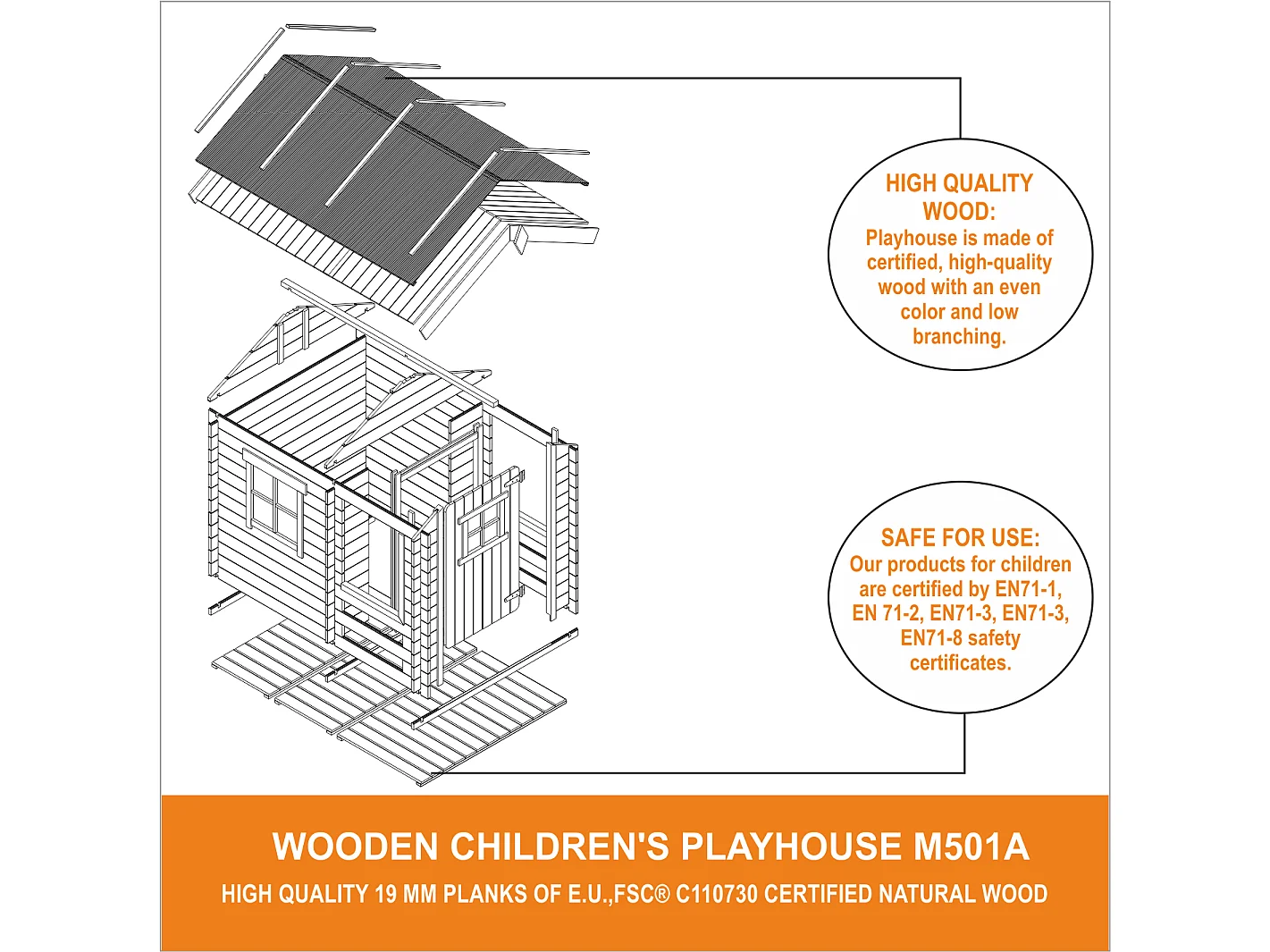 Houten huis voor kinderen - 1.1m² / 182x146xH145 cm - M501A