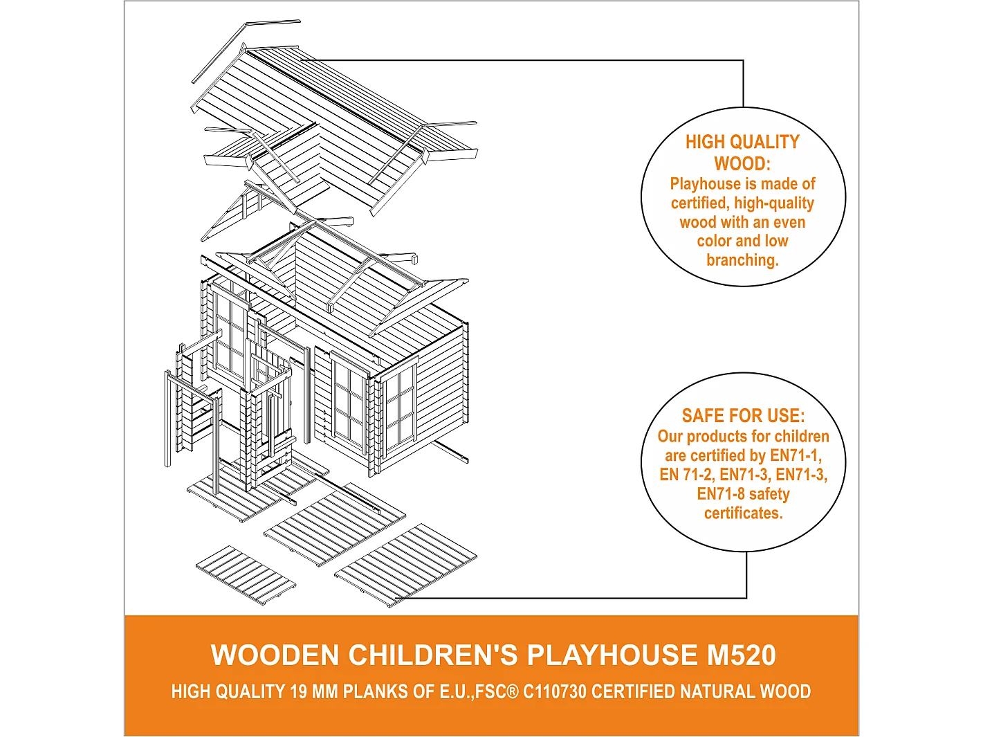 Maison en bois pour enfants -  241x187xH151cm/2.63m2 - M520