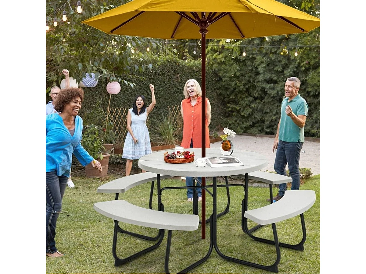Sitzgarnitur für 8 Personen Picknicktisch mit Schirmloch & 4 Bänken 190 x 76 cm Weiß