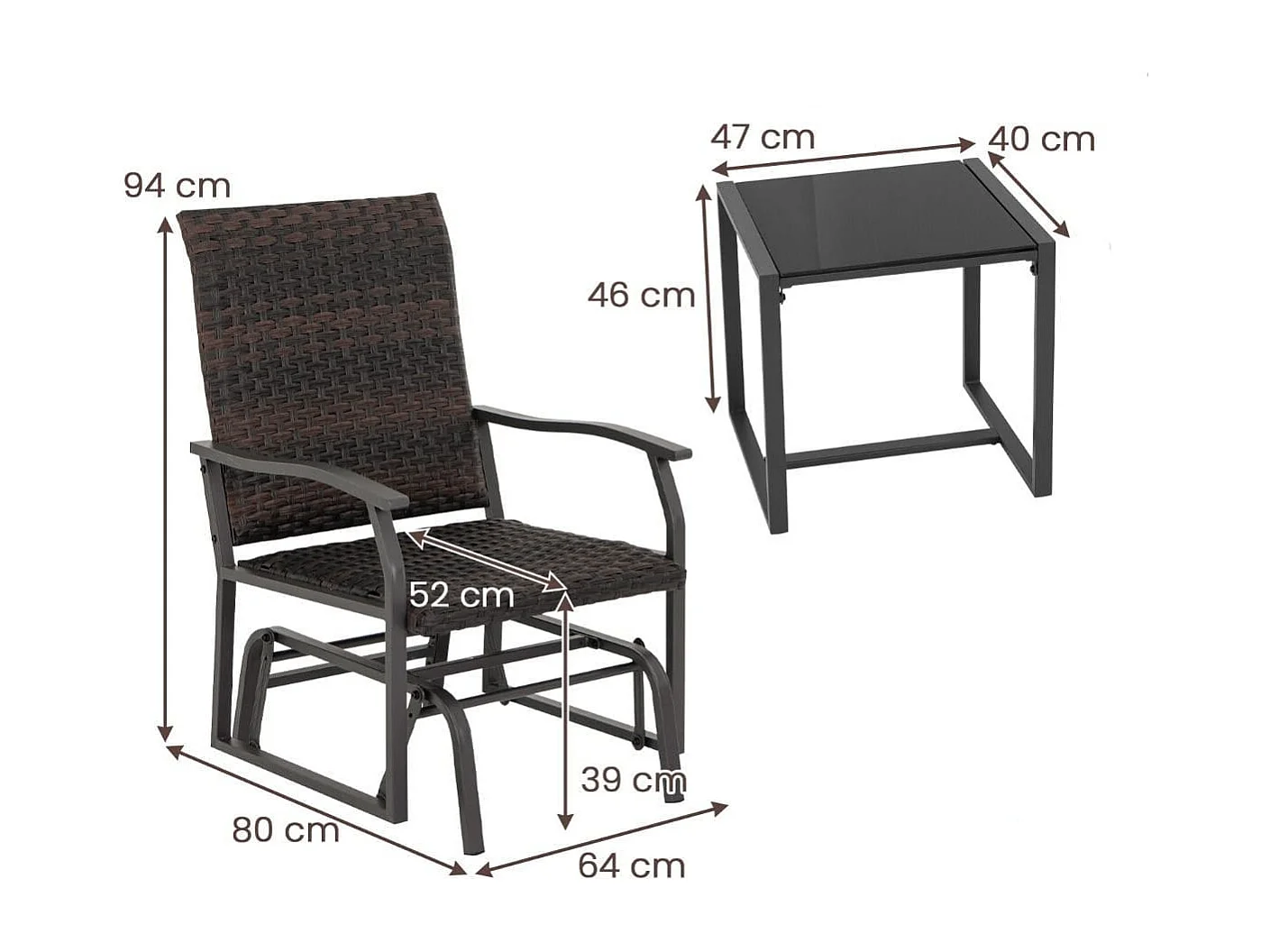Set da giardino a dondolo 3 pezzi, Set di mobili in vimini con tavolino in vetro temperato seduta in rattan Marrone