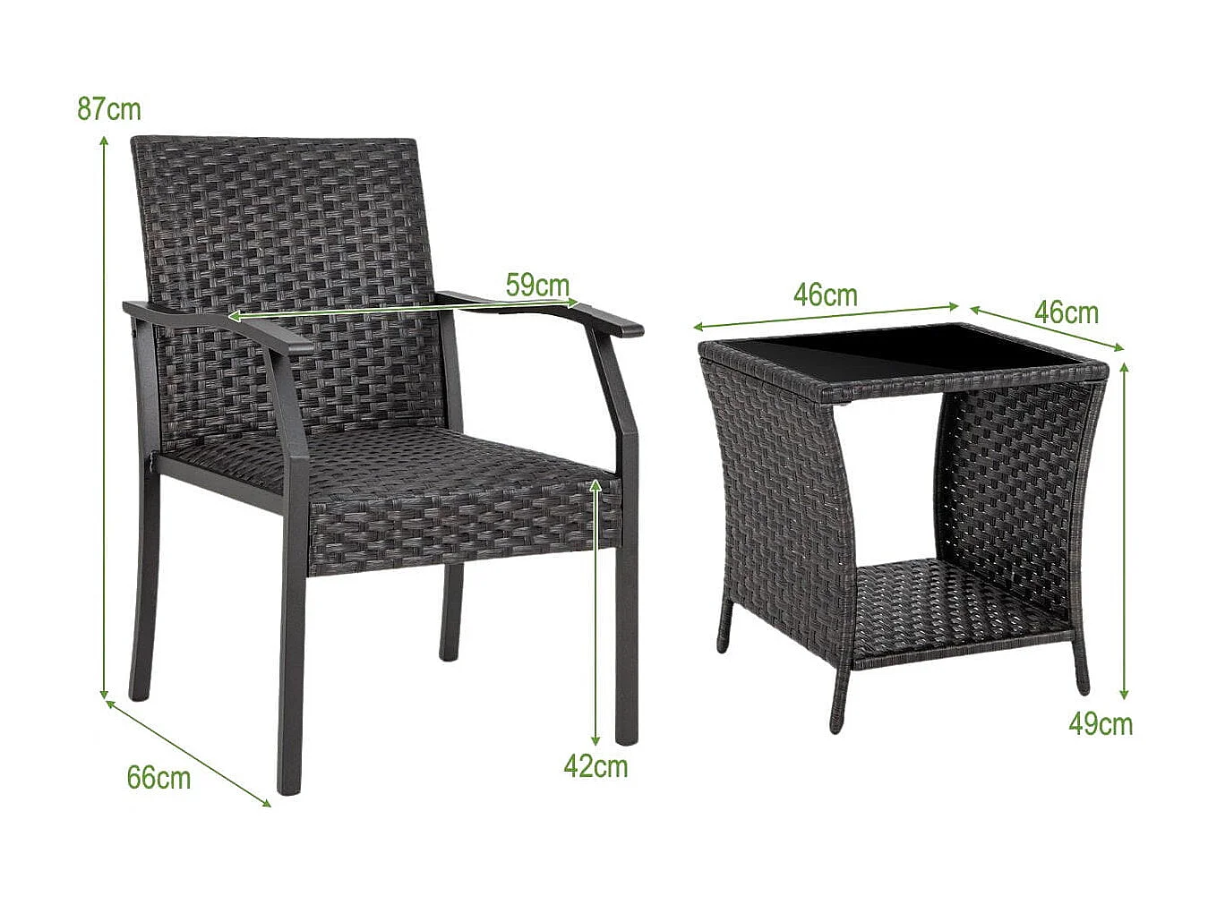 Set 3 mobili in vimini da giardino con cuscini, Set sedie e tavolino da esterno con piano tavolo in vetro temperato