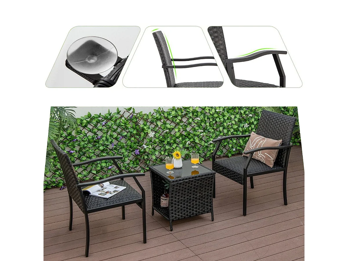 Set 3 mobili in vimini da giardino con cuscini, Set sedie e tavolino da esterno con piano tavolo in vetro temperato