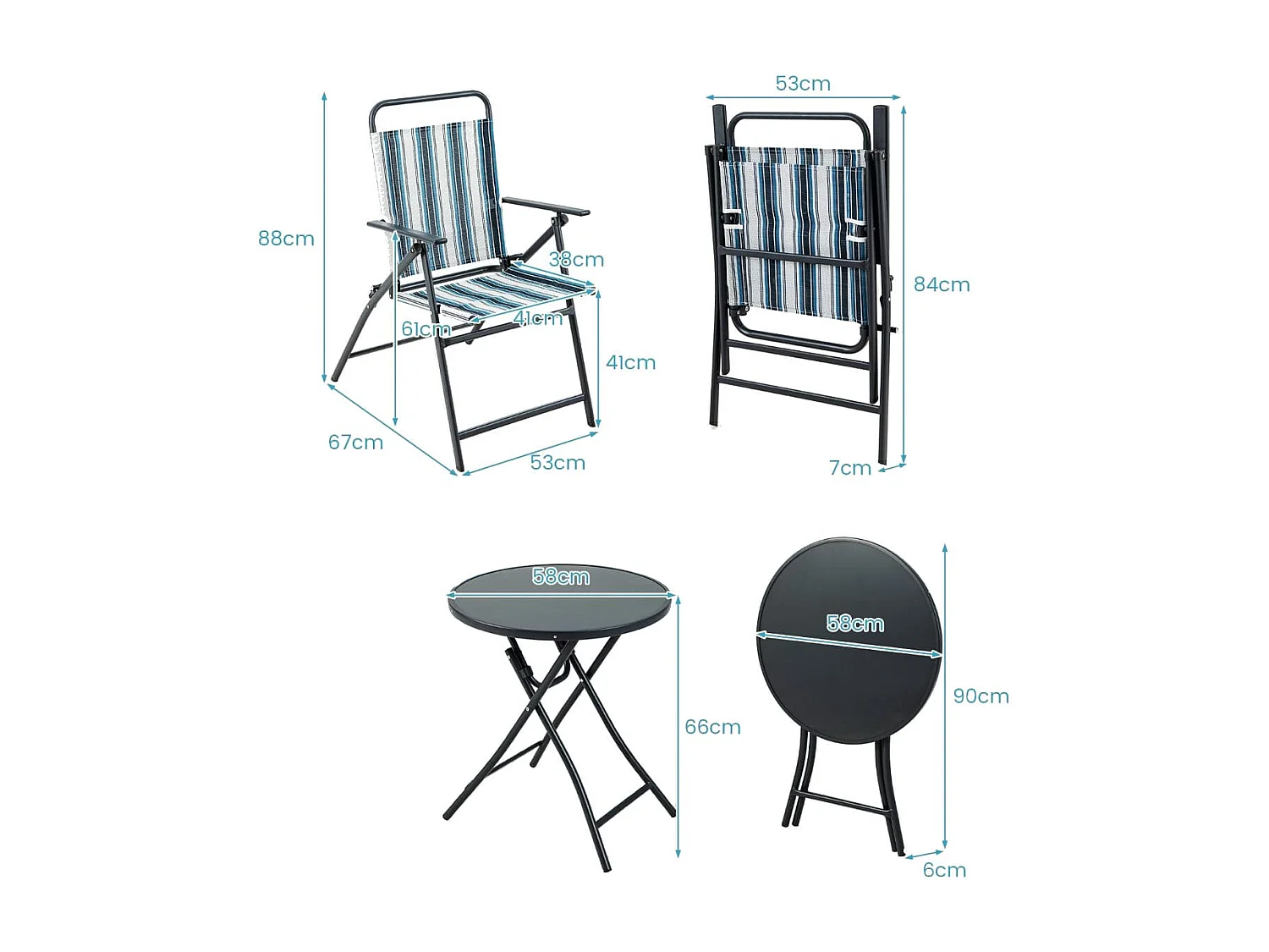 3-teiliges Balkonset Bistrotisch mit 2 Klappstühle Sitzgarnitur mit Robustem Metallgestell