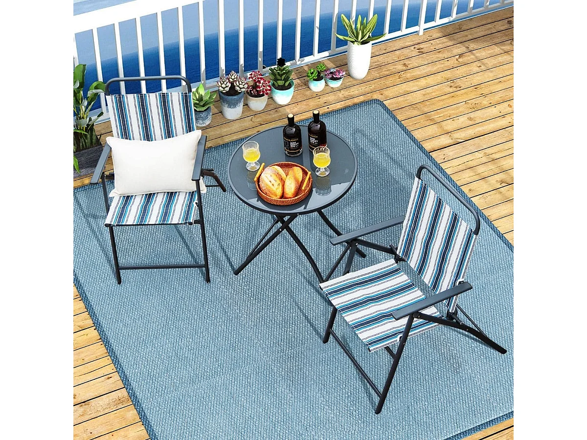Tavolino e 2 sedie da esterno pieghevoli, Set mobili da giardino 3 pezzi con telaio robusto in metallo