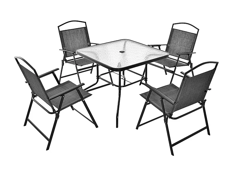 5-TLG. Gartenmöbel Set Terrassenmöbel inkl. 4 Klappstühle 1 Tisch mit Schirmloch Grau + Schwarz