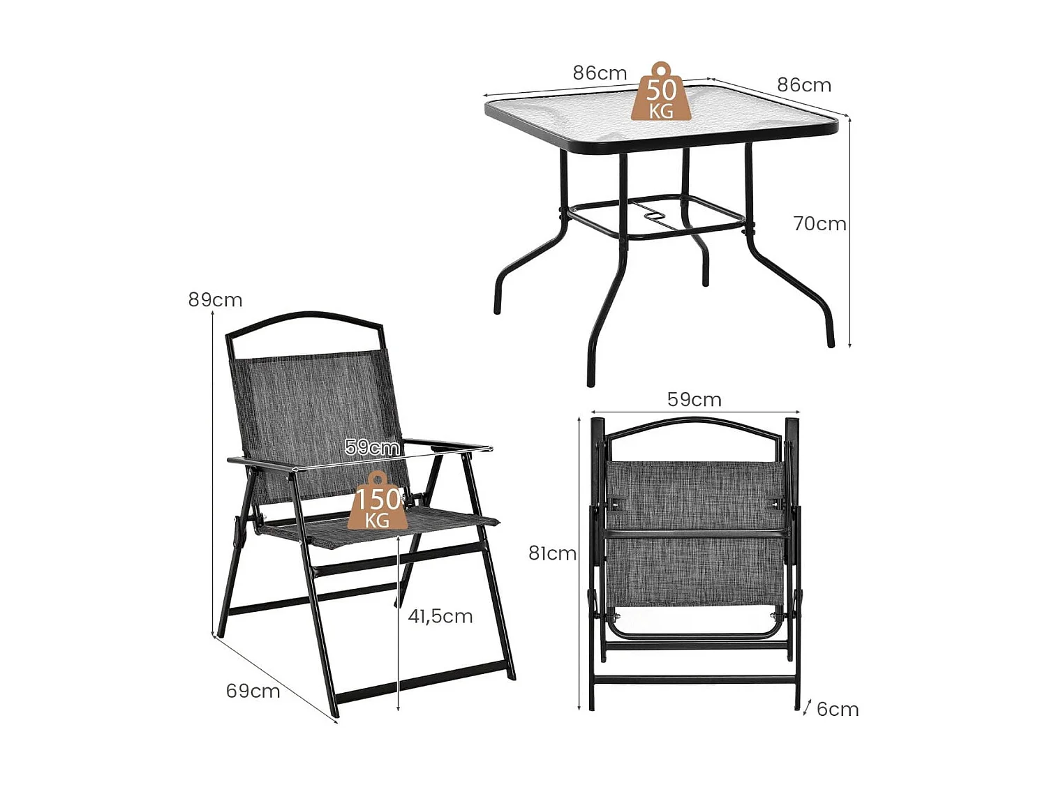 5-TLG. Gartenmöbel Set Terrassenmöbel inkl. 4 Klappstühle 1 Tisch mit Schirmloch Grau + Schwarz