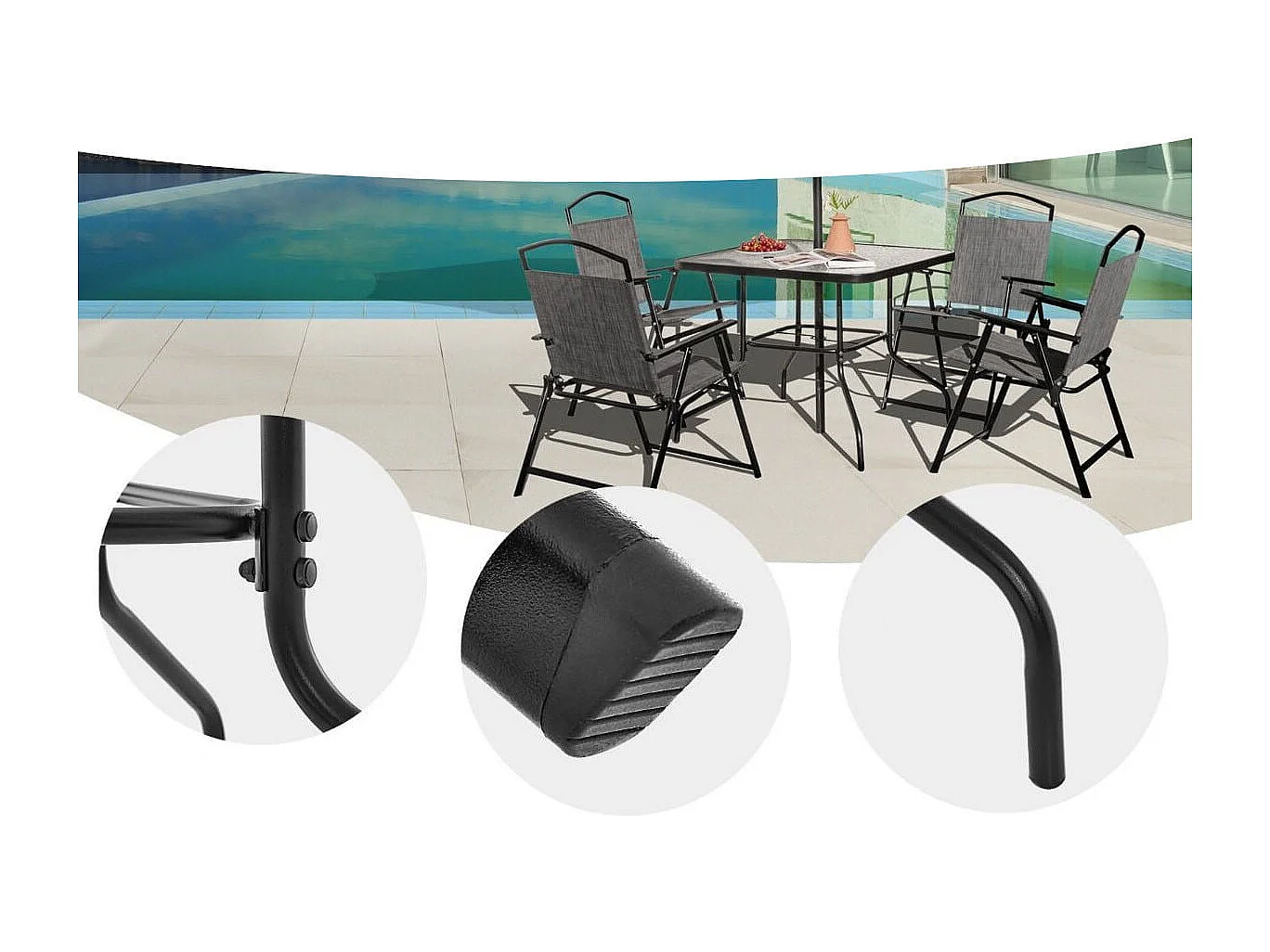 5-TLG. Gartenmöbel Set Terrassenmöbel inkl. 4 Klappstühle 1 Tisch mit Schirmloch Grau + Schwarz