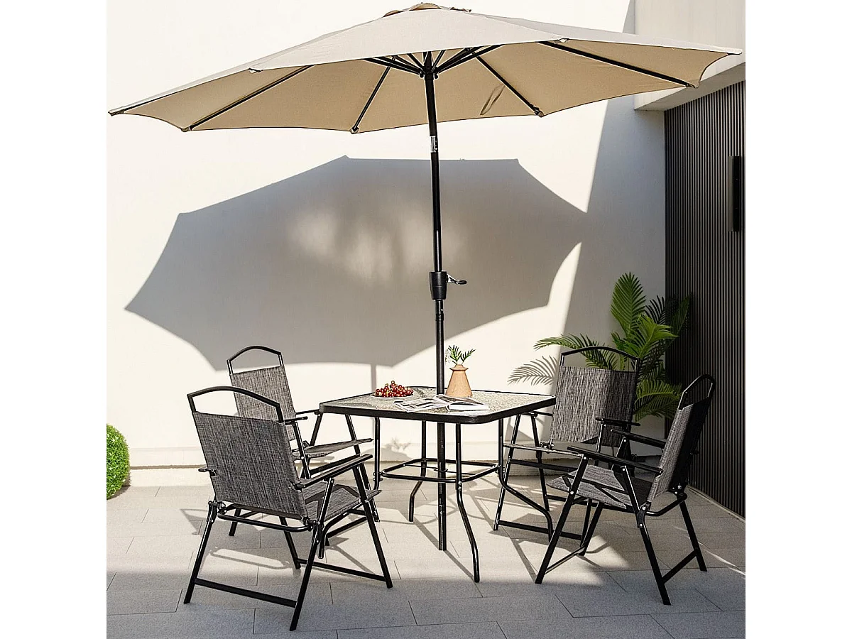 5-TLG. Gartenmöbel Set Terrassenmöbel inkl. 4 Klappstühle 1 Tisch mit Schirmloch Grau + Schwarz