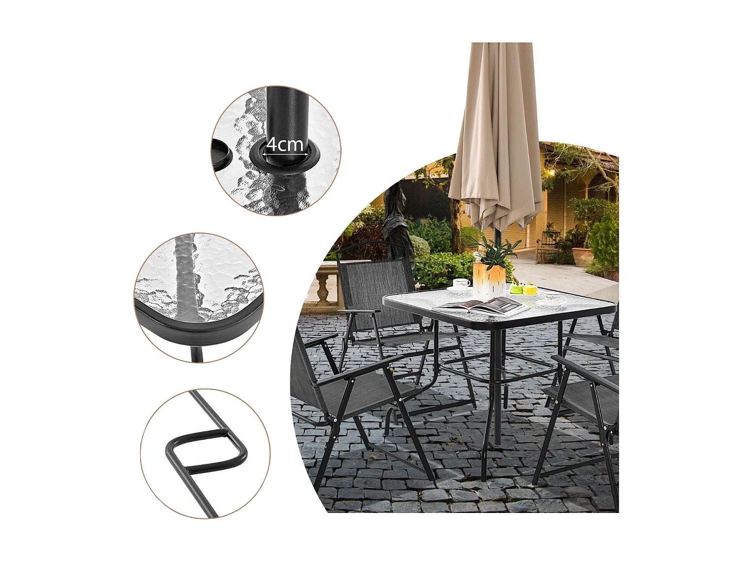 5-TLG. Gartenmöbel Set Terrassenmöbel inkl. 4 Klappstühle 1 Tisch mit Schirmloch Grau + Schwarz