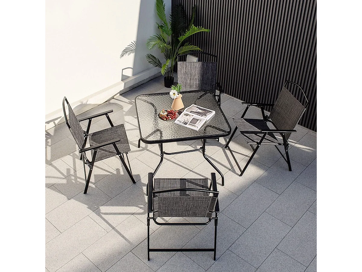 5-TLG. Gartenmöbel Set Terrassenmöbel inkl. 4 Klappstühle 1 Tisch mit Schirmloch Grau + Schwarz