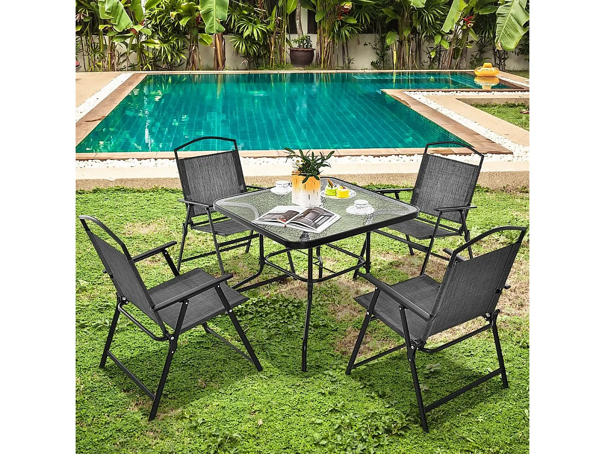 5-TLG. Gartenmöbel Set Terrassenmöbel inkl. 4 Klappstühle 1 Tisch mit Schirmloch Grau + Schwarz
