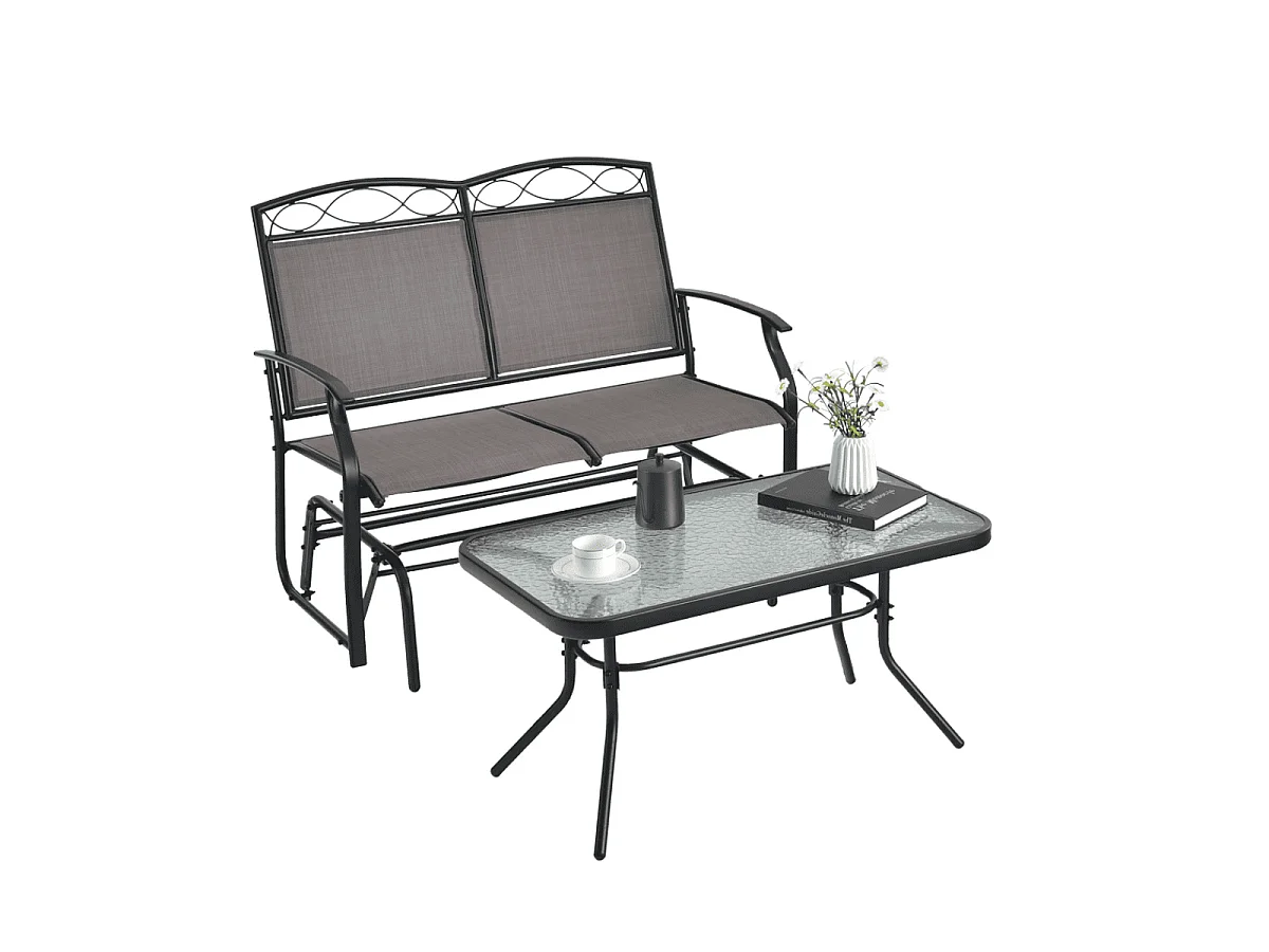 Salon de Jardin 2 Pièces avec Table Basse en Verre Trempé Causeuse à Bascule Charge 360KG Ensemble de Mobilier de Terrasse 2 Places Marron