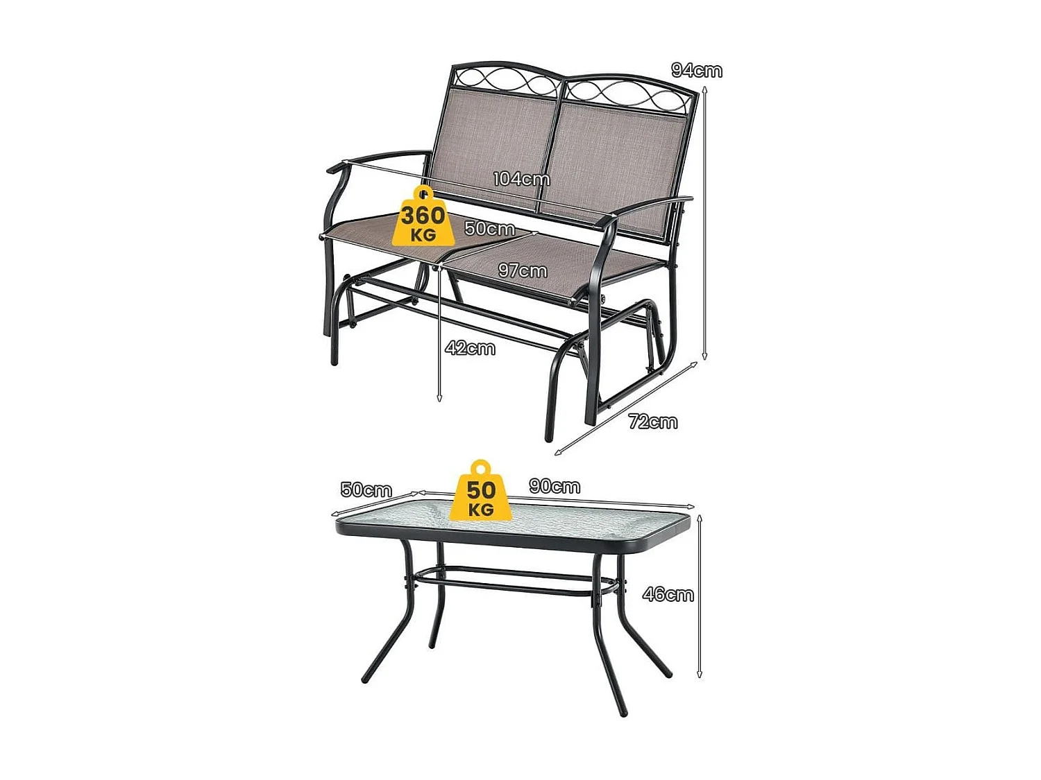 2-Sitzer Schaukelbank mit Couchtisch Balkonmöbel-Set Gartenbank aus Textilene