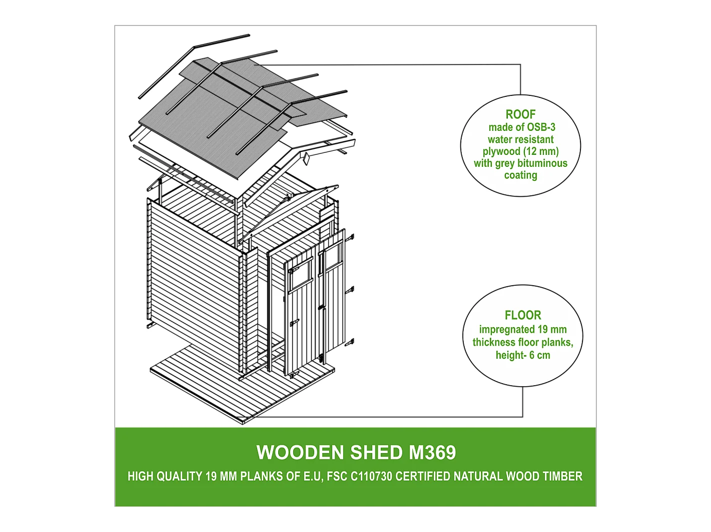Gartenschuppen Holz mit Boden Imprägnierte B236xL226xH218 cm/ 4.33 m2 - TIMBELA M369+M369G