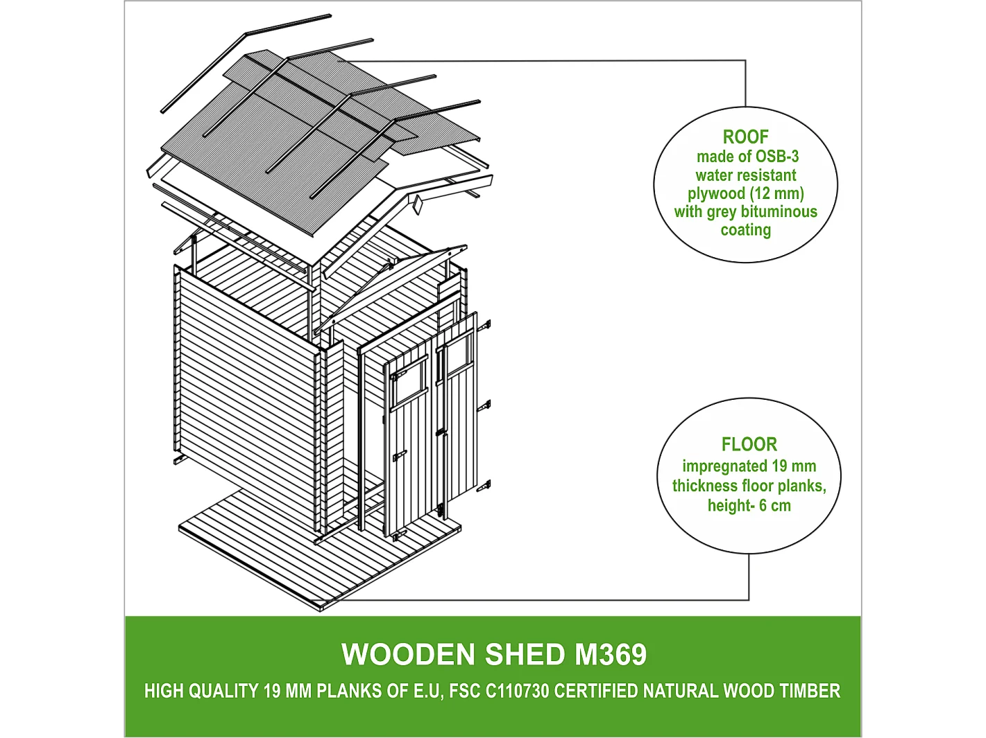 Abri de jardin en bois AVEC SOL TRAITÉ - I236xL226xH218 cm/ 4.33 - TIMBELA M369+M369G