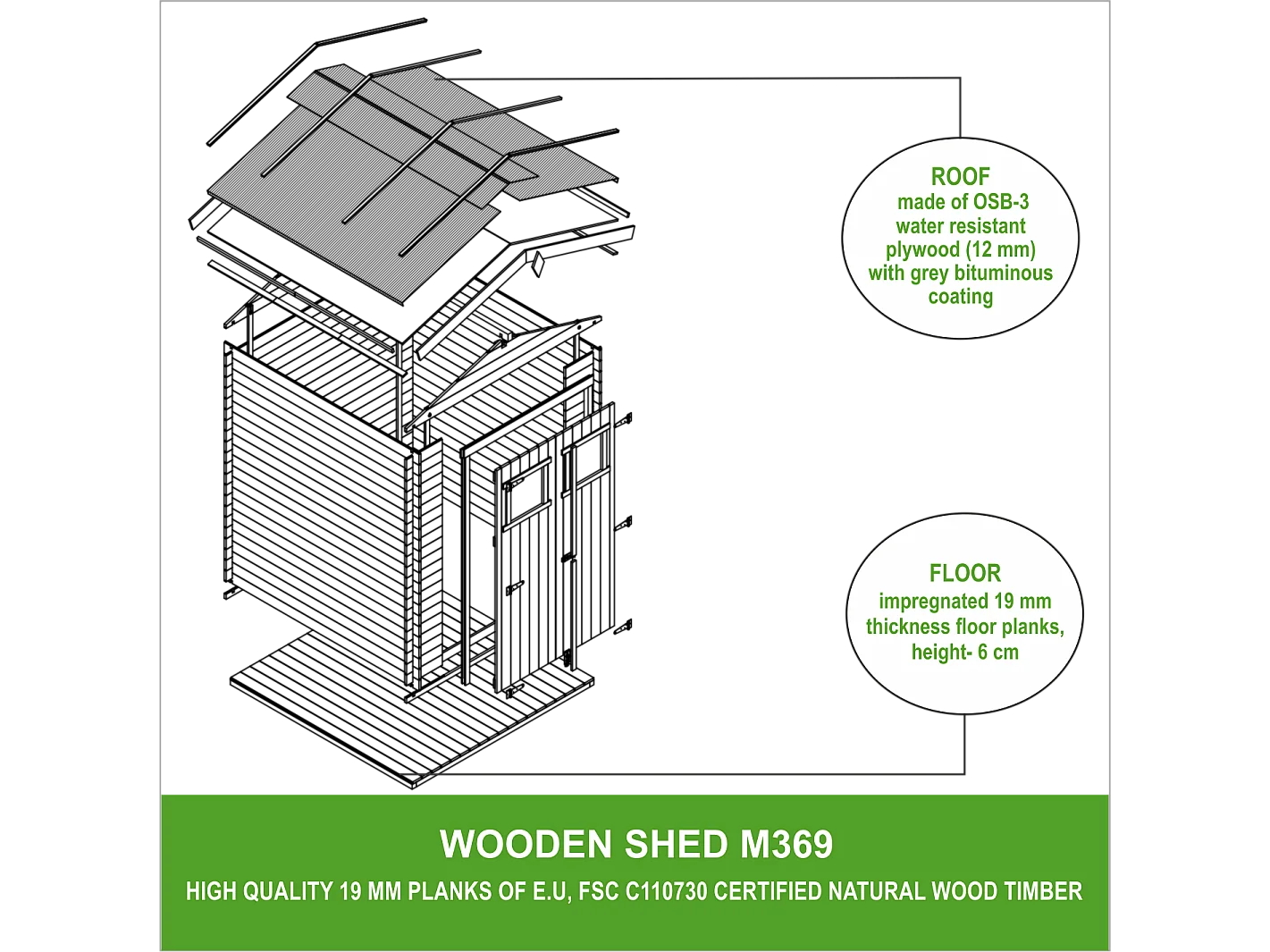 Galpão de madeira 4,33 m² - H218 x 236 x 226 cm - TIMBELA M369+M369G