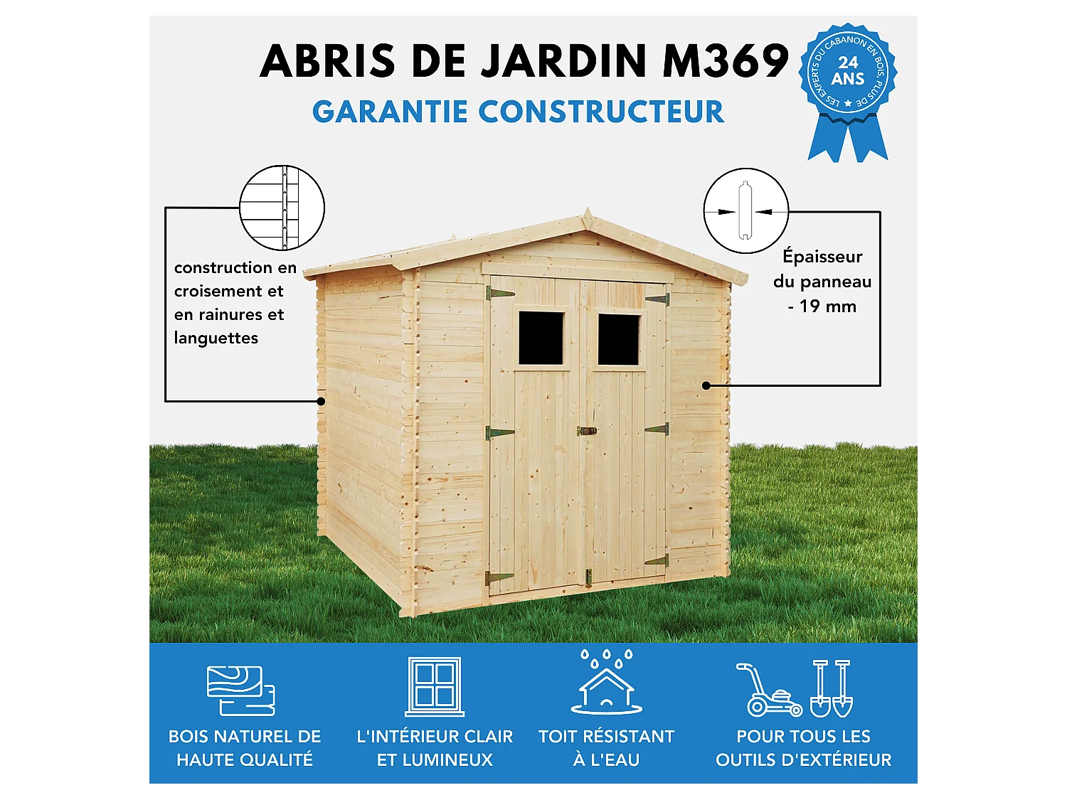 Abri de jardin en bois avec plancher LP ProStruct - 226x236xH224 cm / 4.33 m² - M369+M369G