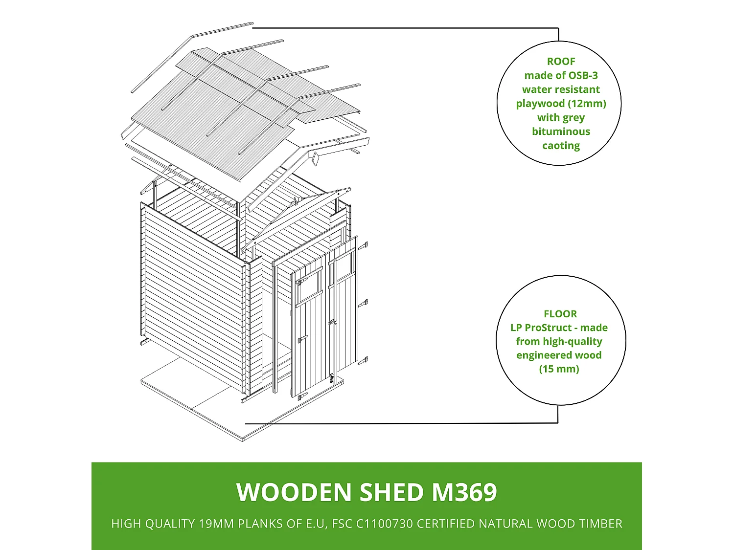 Abri de jardin en bois avec plancher LP ProStruct - 226x236xH224 cm / 4.33 m² - M369+M369G