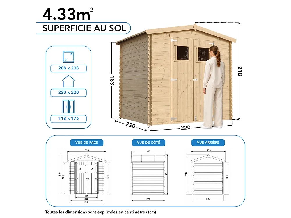 Abri de jardin en bois avec plancher - 226x236xH224 cm / 4.33 m² - M369+M369G