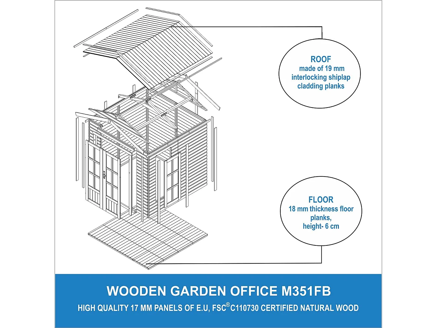 Garten holzhaus mit bitumenschindeln - B233xT222xH233 cm - M351FB+H351FBGREEN