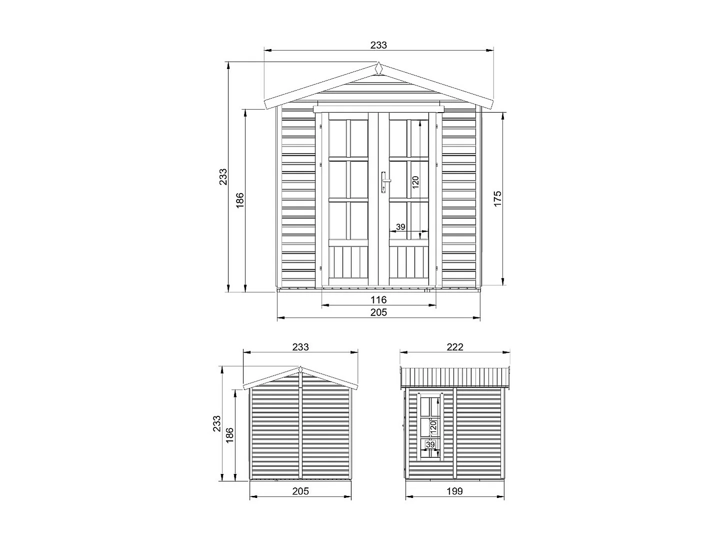 Houten hut met vloer 4,08m2, met bitumineuze shingles BRUINE kleur l233xP222xH233cm TIMBELA M351FB