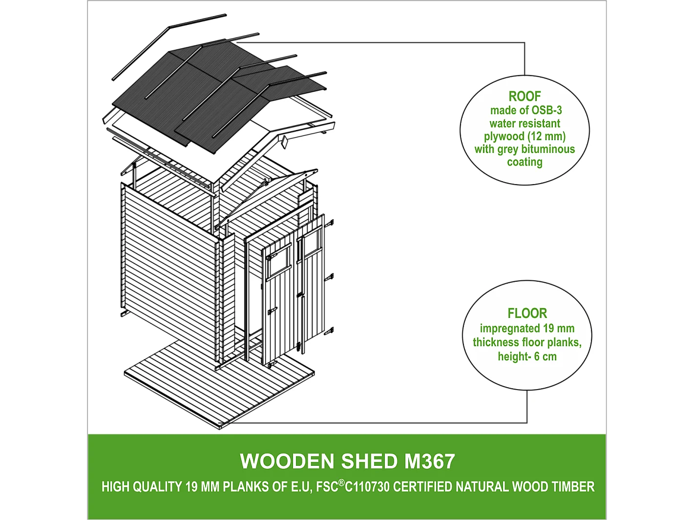 Timbela M367+M367G - Houten tuinschuurtje 1.98 m2 - 196 x 136 x H224 cm - met geimpregneerde vloer