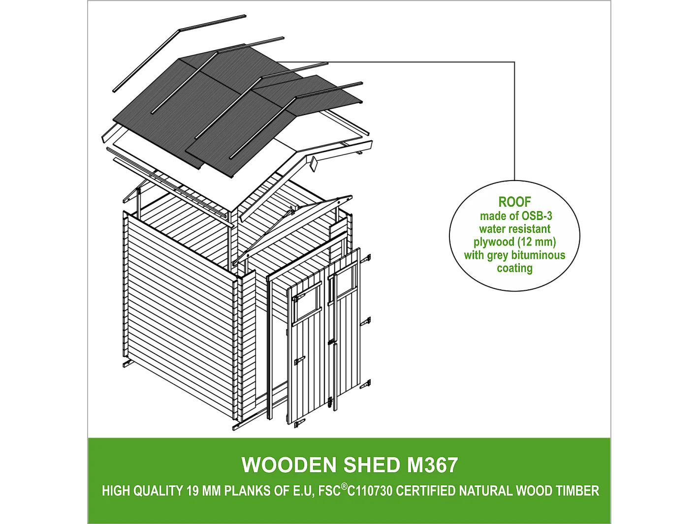 Abri de jardin en bois - I196xL136xH218 cm/ 1.98 m2- TIMBELA M367