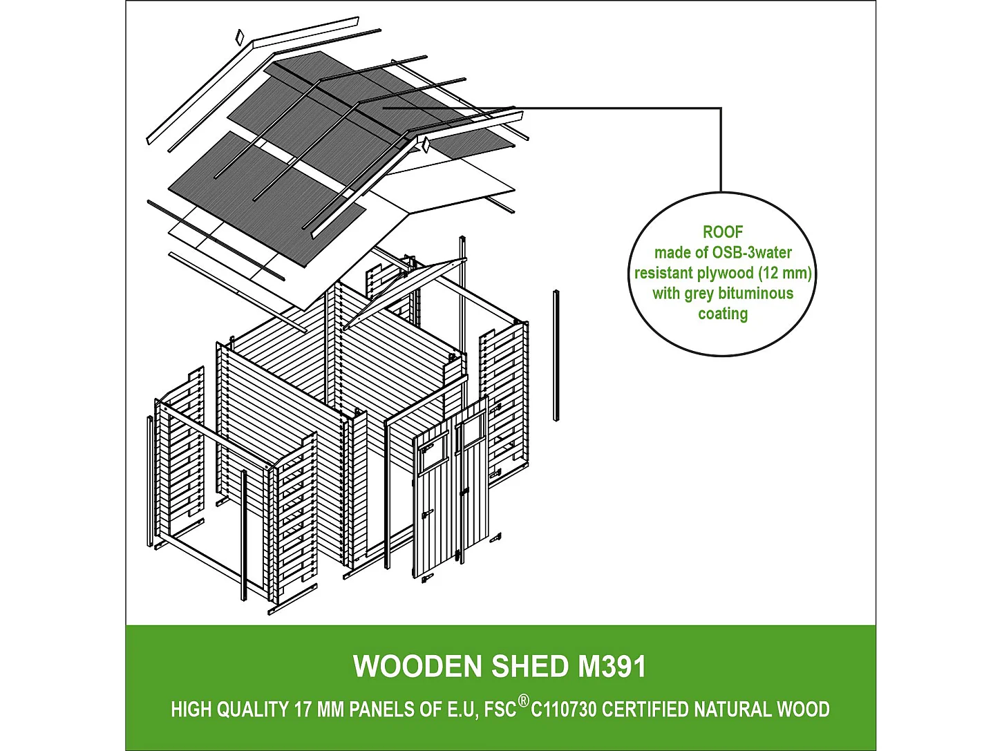 Holzhaus Gartenhaus mit Brennholzschuppen TIMBELA M391 - B328xL206xH218 cm/ 3,53 + 0,97 + 0,97 m2