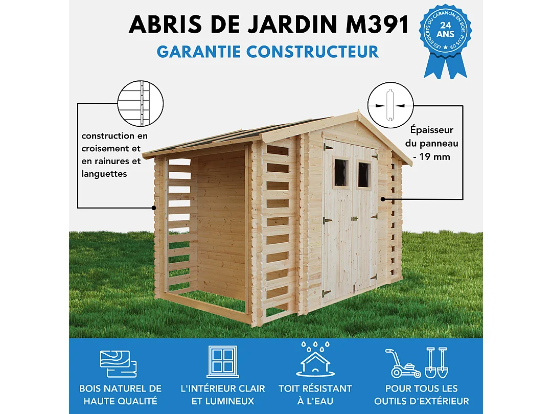 Houten tuinhuis-brandhoutschuurtje zonder vloer - 5.47 m² - M391