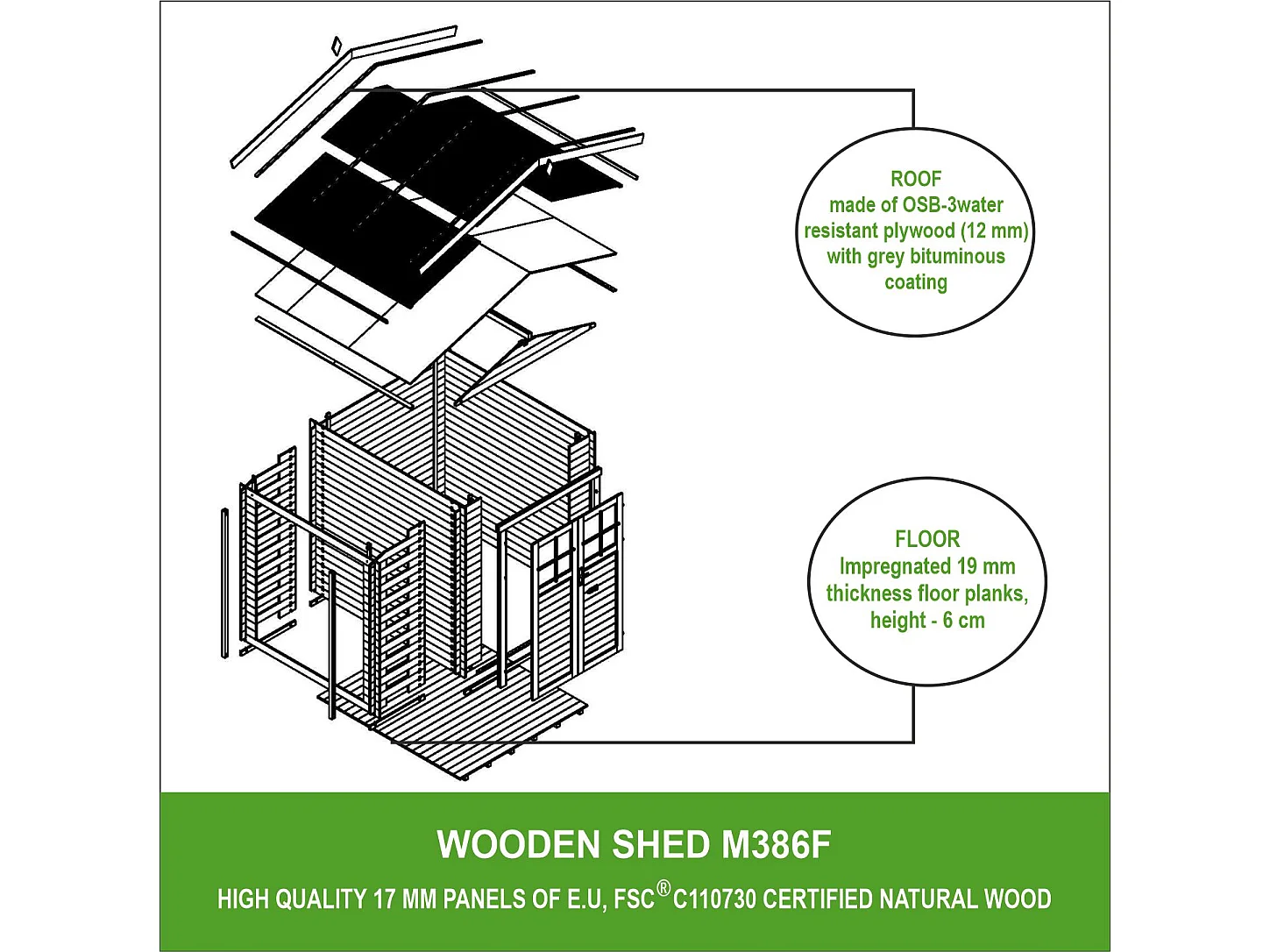 Abri de jardin en bois et range bûches AVEC SOL TRAITÉ - 3,53 + 0,97 m2 TIMBELA M386F+M386G